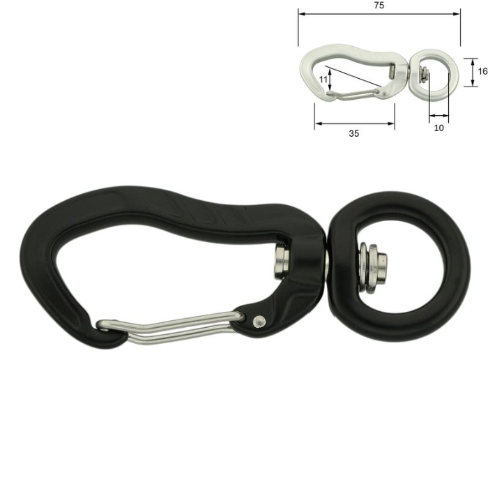 Aluminiums karabiner uten lås - 16 x 75 mm - SVART